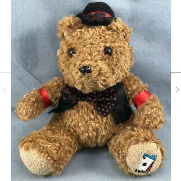 World Poker Tour Hat WPT 8" Cuddly Brown Teddy Bear Curly Plush 2006 Bow Tie - Picture 12 of 12